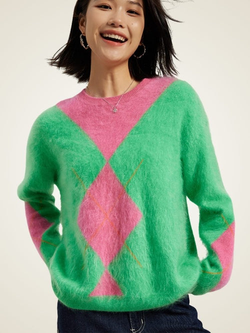 Lanly Cashmere Fuzzy Argyle Sweater - Green Pink Mongolia Cashmere Crewneck