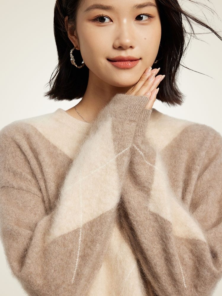 Lanly Cashmere Fuzzy Argyle Sweater - Mongolia Cashmere Crewneck