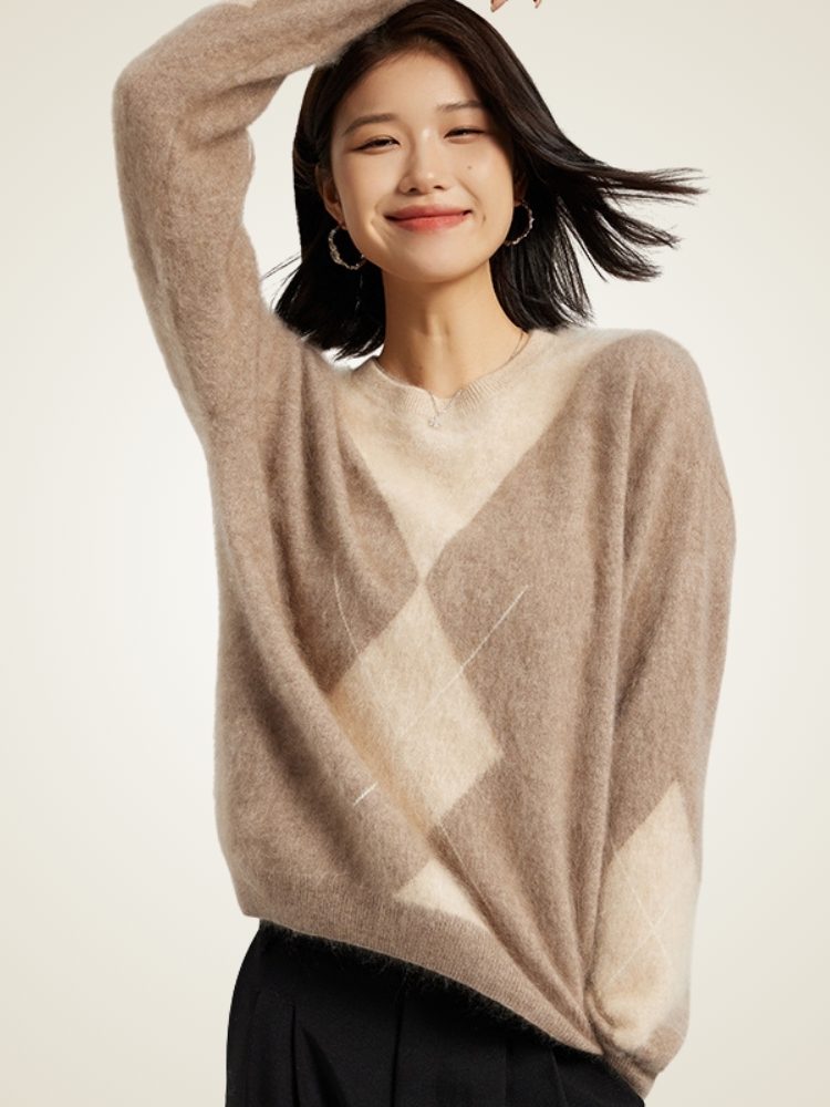 Lanly Cashmere Fuzzy Argyle Sweater - Mongolia Cashmere Crewneck