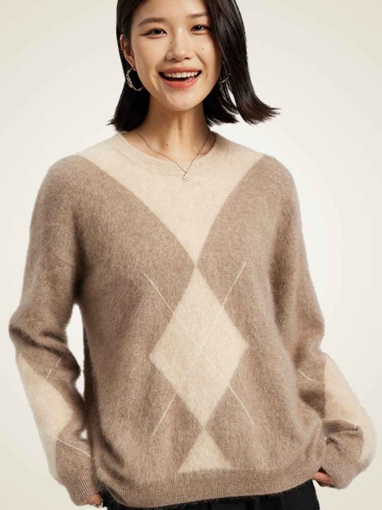 Lanly Cashmere Fuzzy Argyle Sweater - Mongolia Cashmere Crewneck