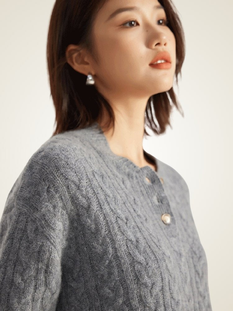 Lanly Cashmere Henley Sweater - Mongolia Cable-Knit Pullover