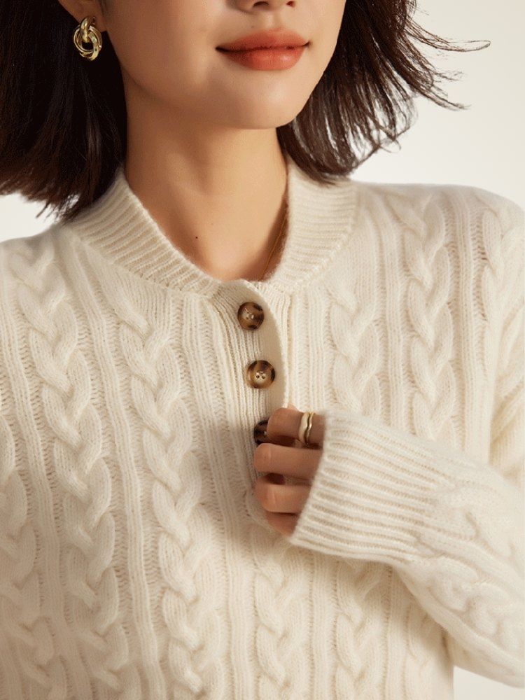 Lanly Cashmere Henley Sweater - Mongolia Cable-Knit Pullover