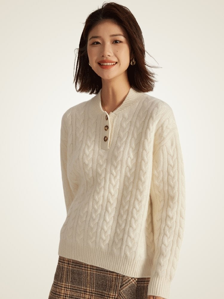Lanly Cashmere Henley Sweater - Mongolia Cable-Knit Pullover