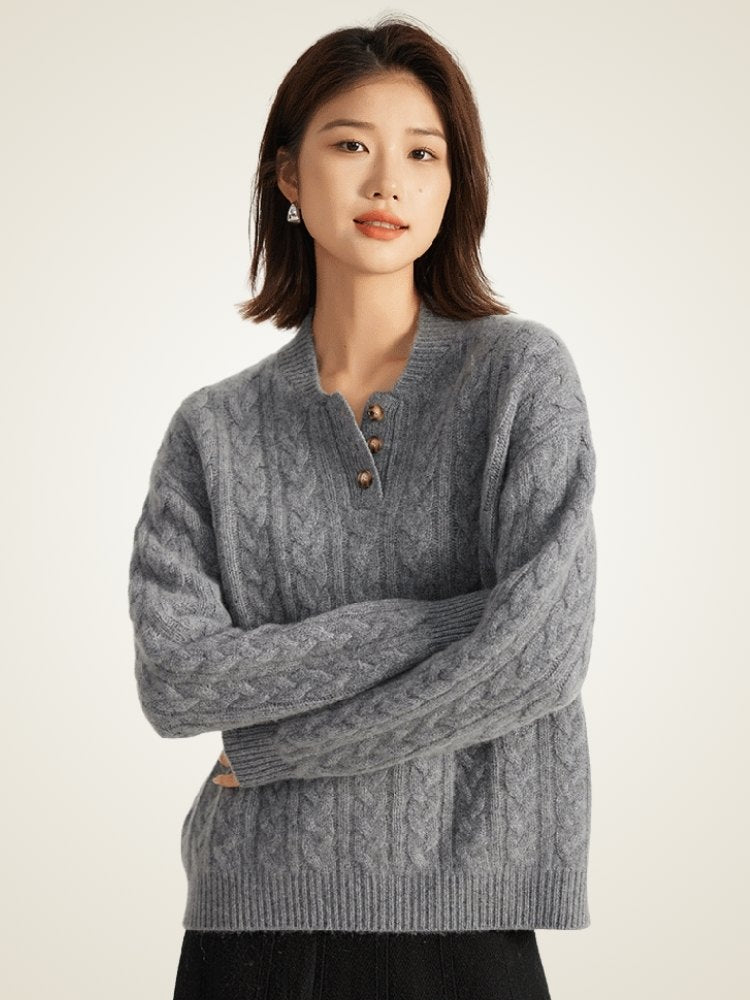 Lanly Cashmere Henley Sweater - Mongolia Cable-Knit Pullover
