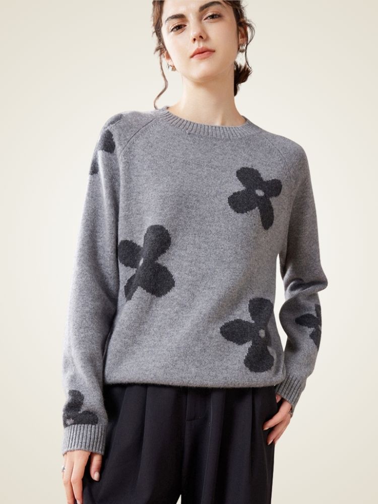 Lanly Cashmere Intarsia Floral Sweater - Mongolia Cashmere Crewneck
