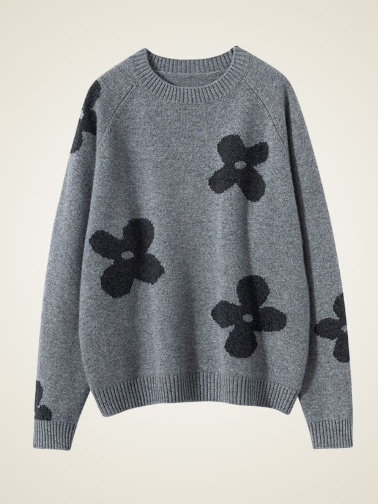 Lanly Cashmere Intarsia Floral Sweater - Mongolia Cashmere Crewneck