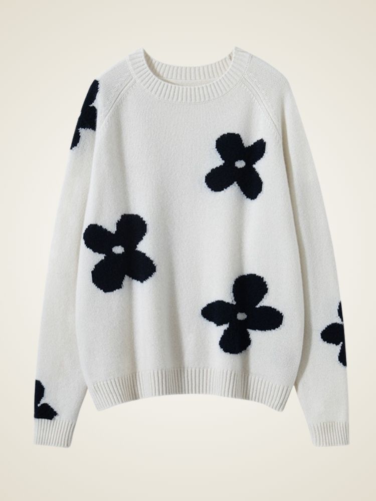 Lanly Cashmere Intarsia Floral Sweater - White Mongolia Cashmere Crewneck