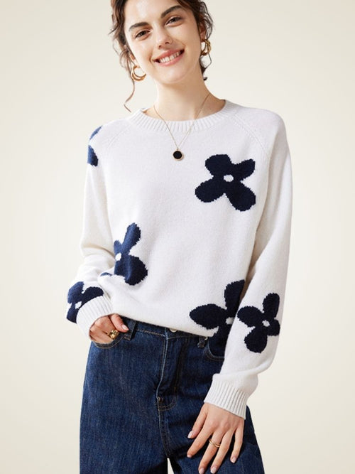 Lanly Cashmere Intarsia Floral Sweater - White Mongolia Cashmere Crewneck