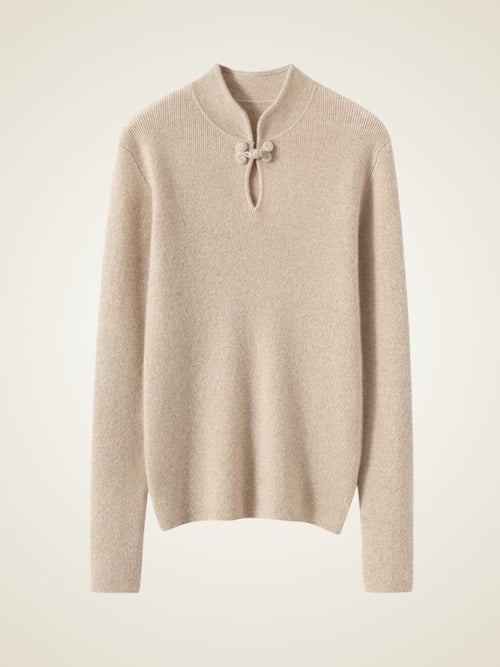Lanly Cashmere Mock Neck Sweater - Beige Mongolia Keyhole Pullover