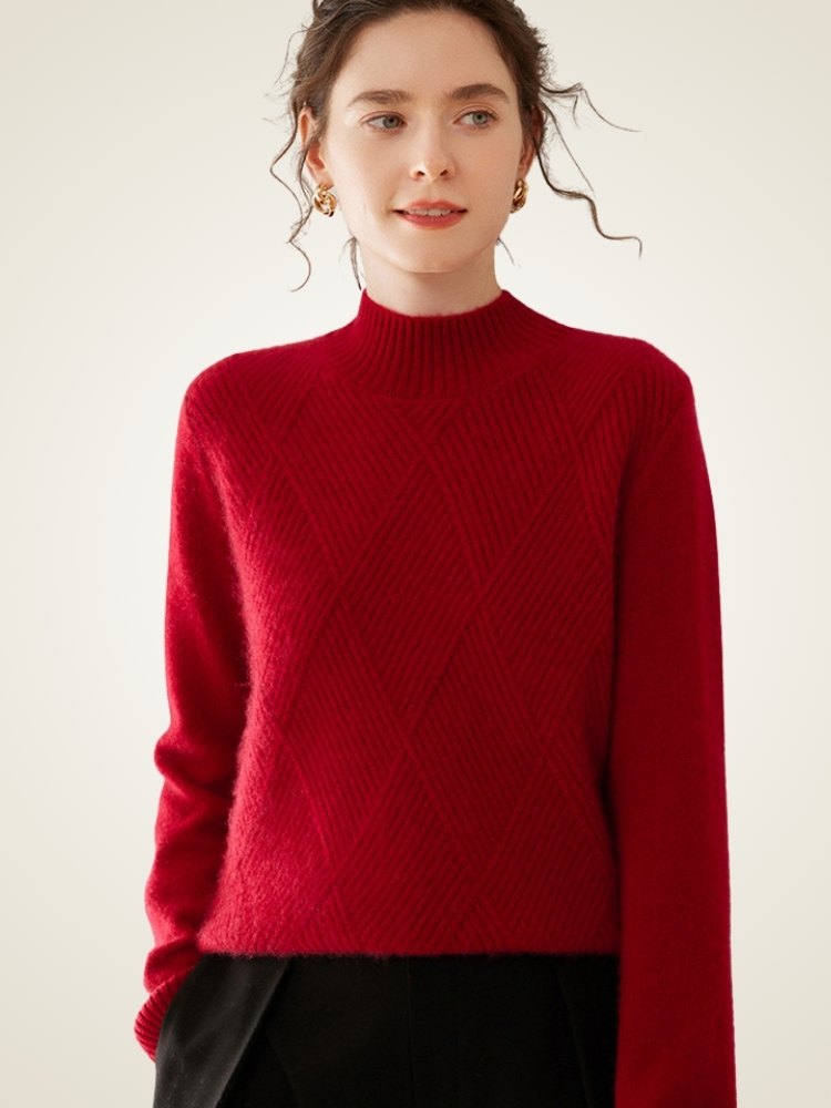 Lanly Cashmere Mock Neck Sweater - Mongolia Diamond-Knit Pullover