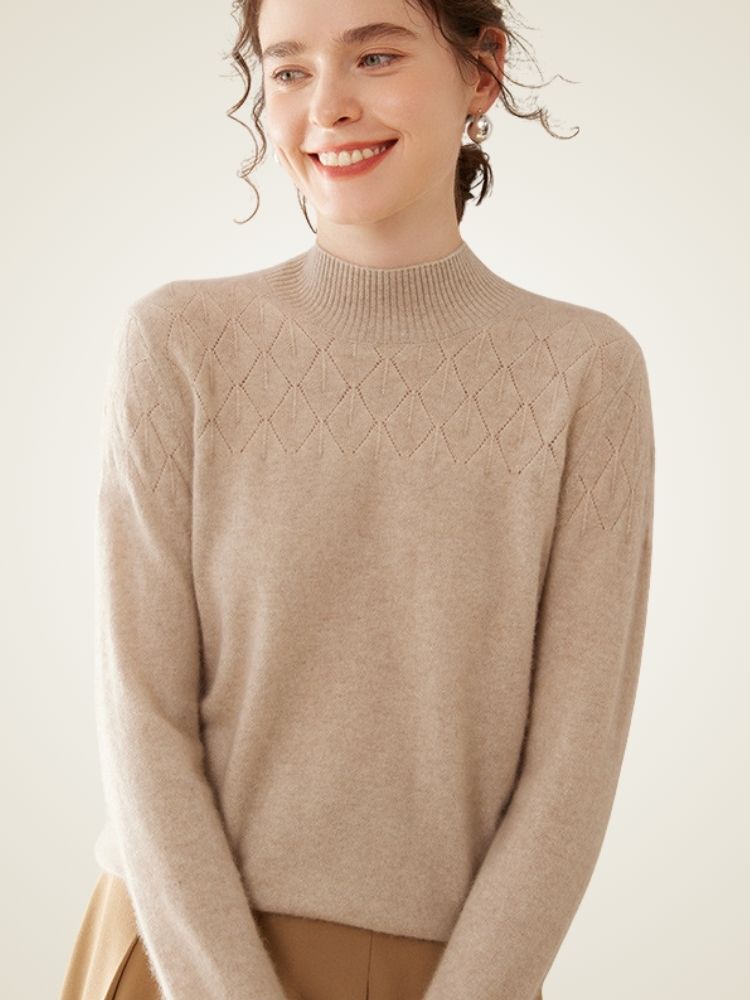 Lanly Cashmere Mock Neck Sweater - Mongolia Pointelle Knit Pullover