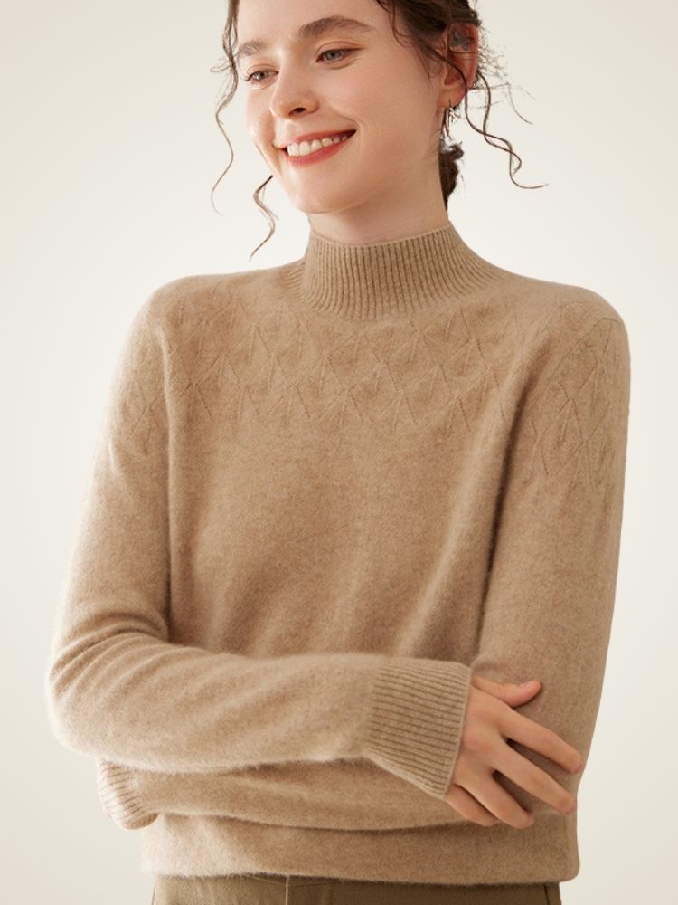 Lanly Cashmere Mock Neck Sweater - Mongolia Pointelle Knit Pullover