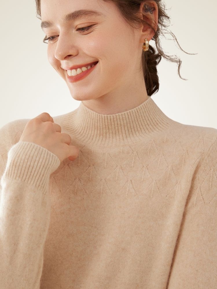 Lanly Cashmere Mock Neck Sweater - Mongolia Pointelle Knit Pullover