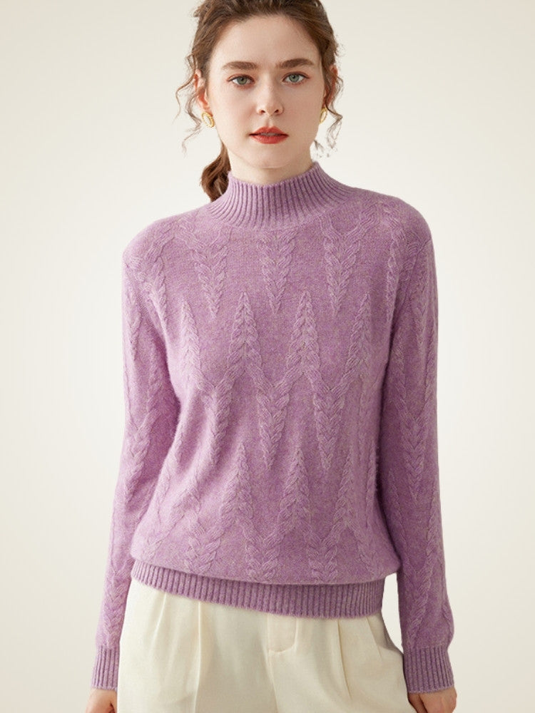 Lanly Cashmere Mock Neck Sweater - Purple Mongolia Chevron Cable Pullover