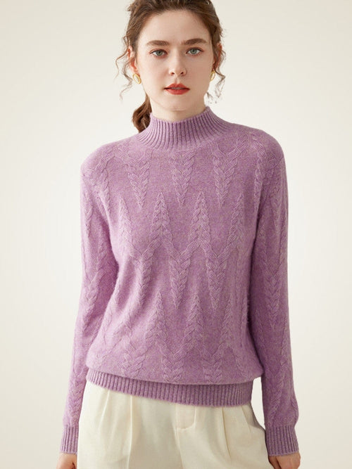 Lanly Cashmere Mock Neck Sweater - Purple Mongolia Chevron Cable Pullover