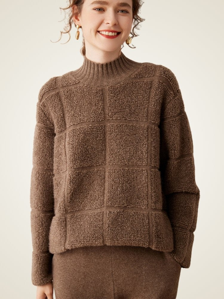 Lanly Cashmere Plaid Sweater - Brown Mongolia Mock Neck Pullover