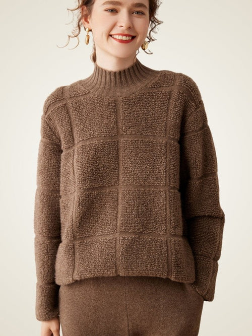 Lanly Cashmere Plaid Sweater - Brown Mongolia Mock Neck Pullover