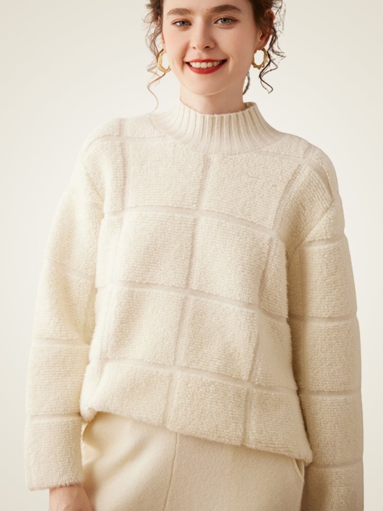 Lanly Cashmere Plaid Sweater - Mongolia Mock Neck Pullover