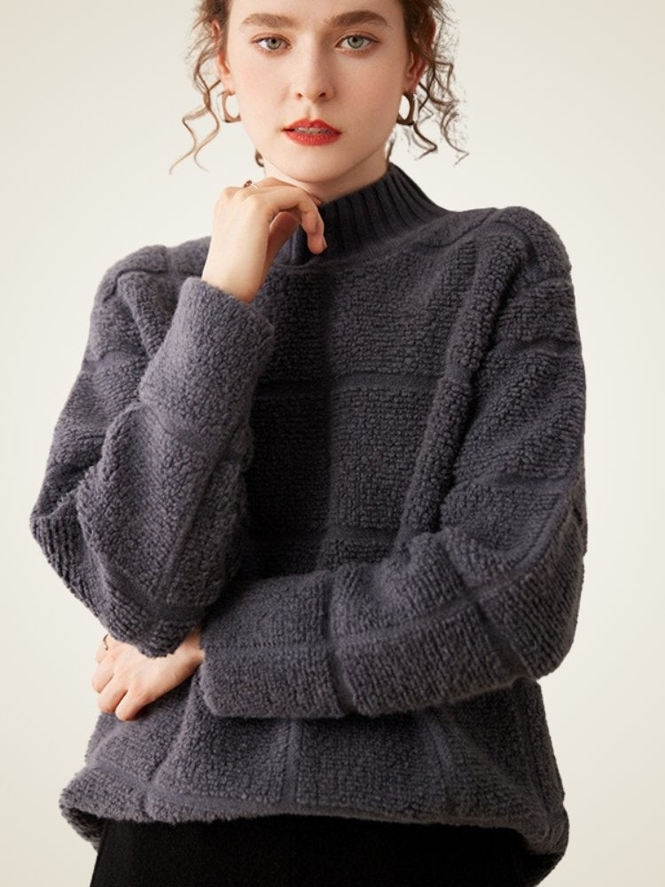 Lanly Cashmere Plaid Sweater - Mongolia Mock Neck Pullover