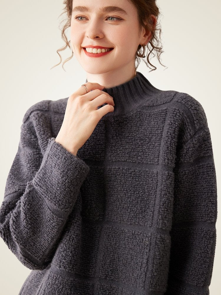 Lanly Cashmere Plaid Sweater - Mongolia Mock Neck Pullover