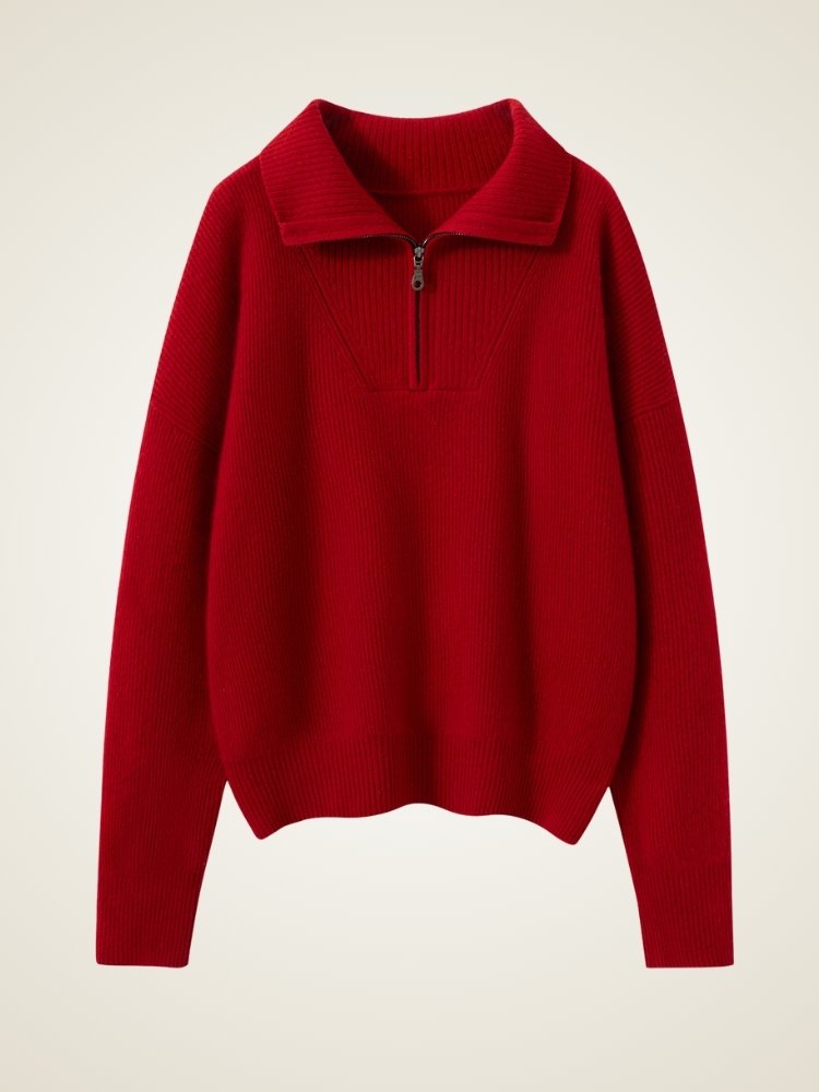 Lanly Cashmere Quarter-Zip Sweater -Mongolia Ribbed Collar Pullover