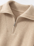 Lanly Cashmere Quarter-Zip Sweater - Beige Mongolia Ribbed Collar Pullover