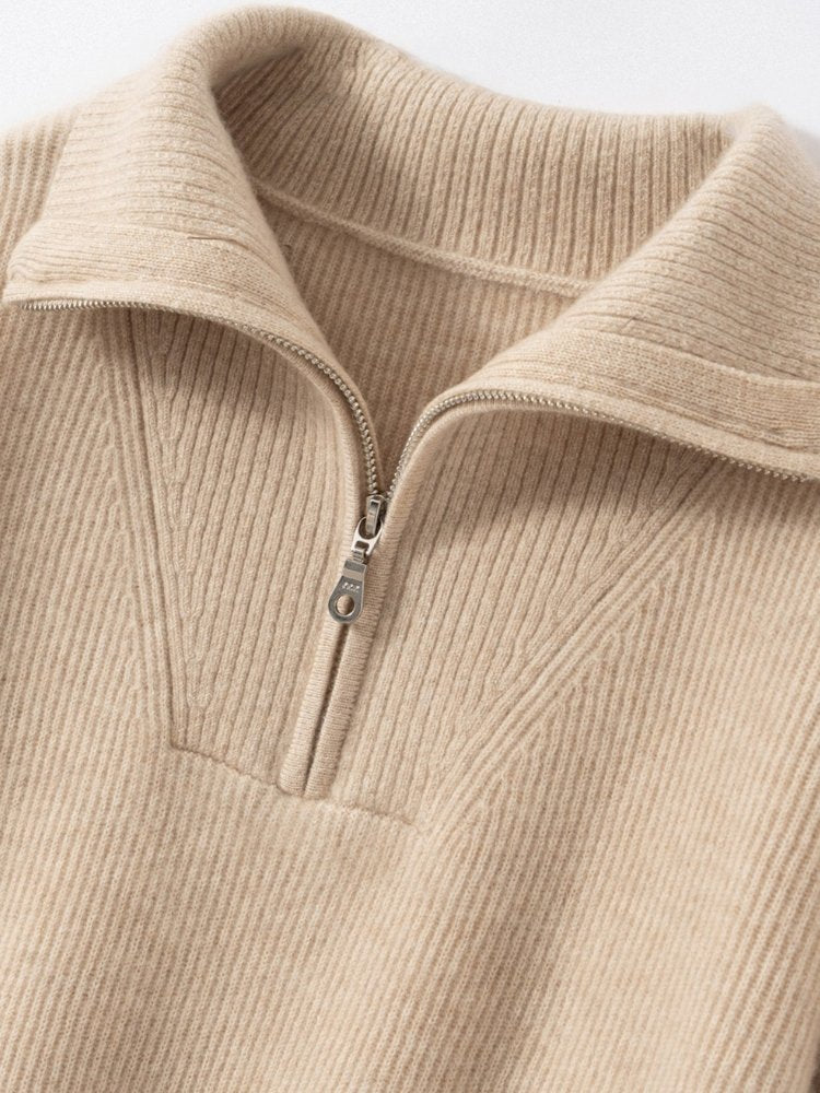 Lanly Cashmere Quarter-Zip Sweater - Beige Mongolia Ribbed Collar Pullover
