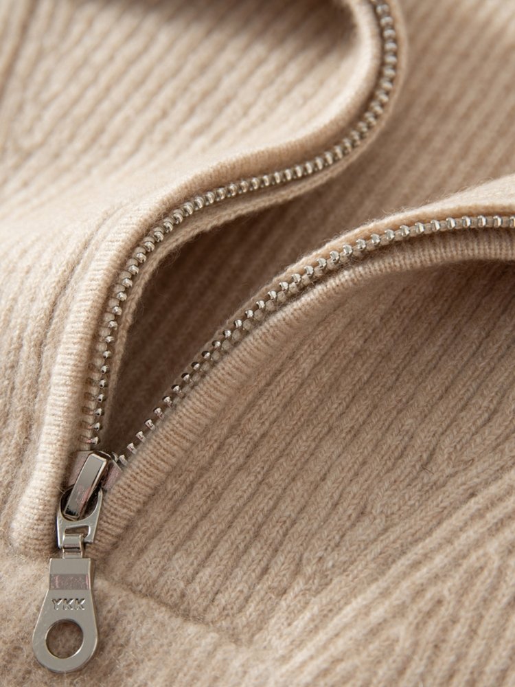 Lanly Cashmere Quarter-Zip Sweater - Beige Mongolia Ribbed Collar Pullover