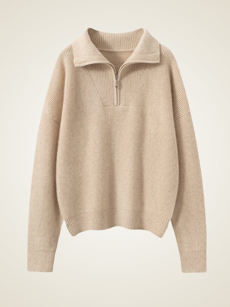 Lanly Cashmere Quarter-Zip Sweater - Beige Mongolia Ribbed Collar Pullover