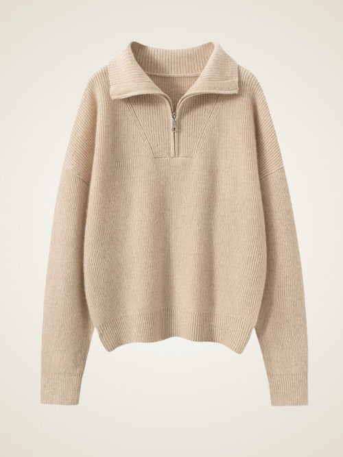 Lanly Cashmere Quarter-Zip Sweater - Beige Mongolia Ribbed Collar Pullover