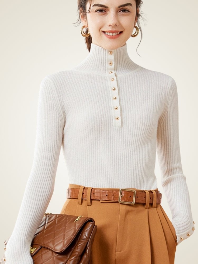 Lanly Cashmere Ribbed Turtleneck - Mongolia Button Henley Sweater