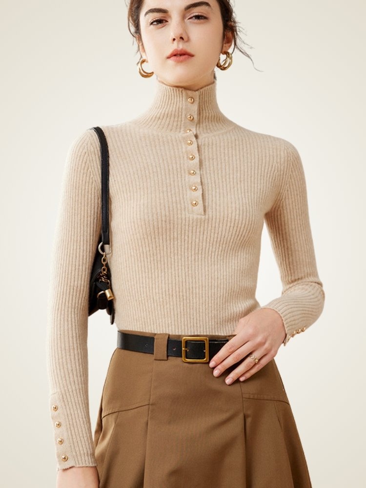 Lanly Cashmere Ribbed Turtleneck - Mongolia Button Henley Sweater