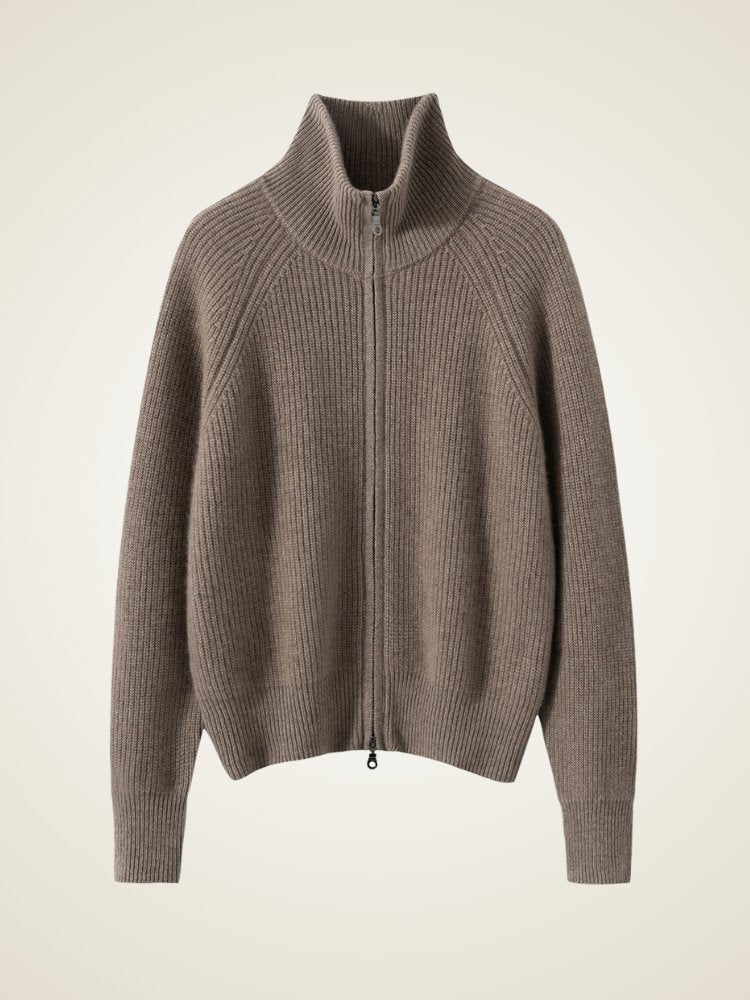 Lanly Cashmere Ribbed Zip Sweater - Mongolia Mock Neck Jacket