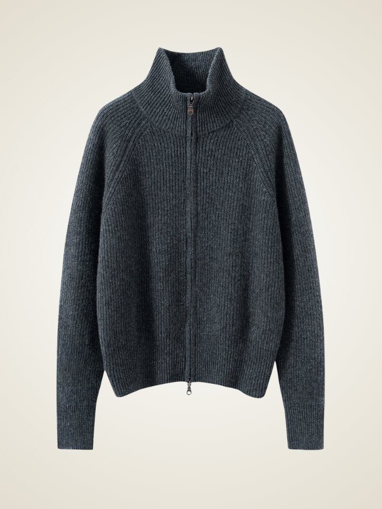 Lanly Cashmere Ribbed Zip Sweater - Mongolia Mock Neck Jacket