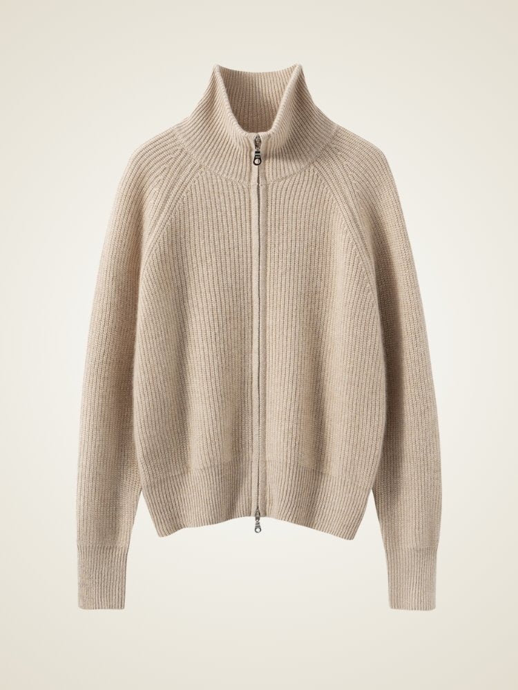Lanly Cashmere Ribbed Zip Sweater - Mongolia Mock Neck Jacket