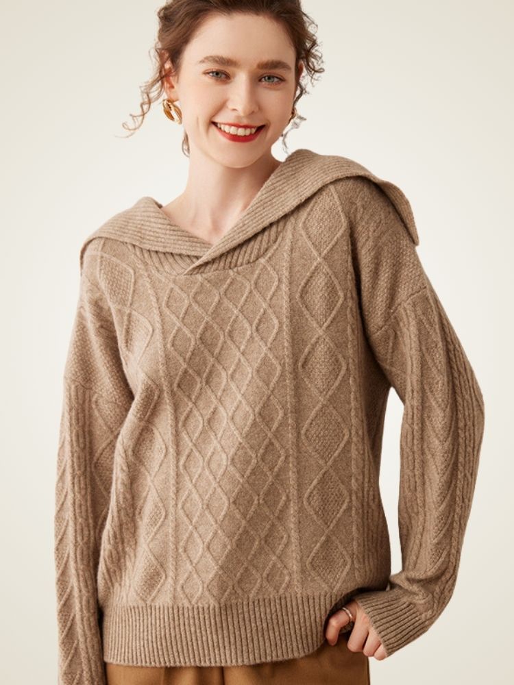 Lanly Cashmere Sailor Collar Sweater - Mongolia Cashmere Cable Knit