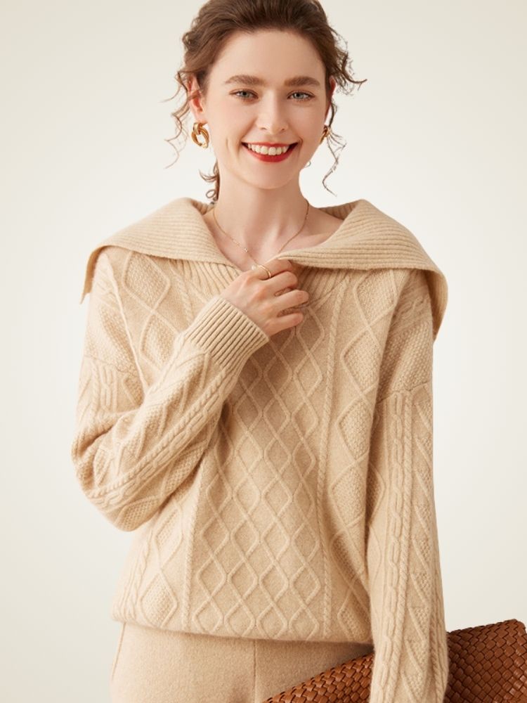 Lanly Cashmere Sailor Collar Sweater - Mongolia Cashmere Cable Knit