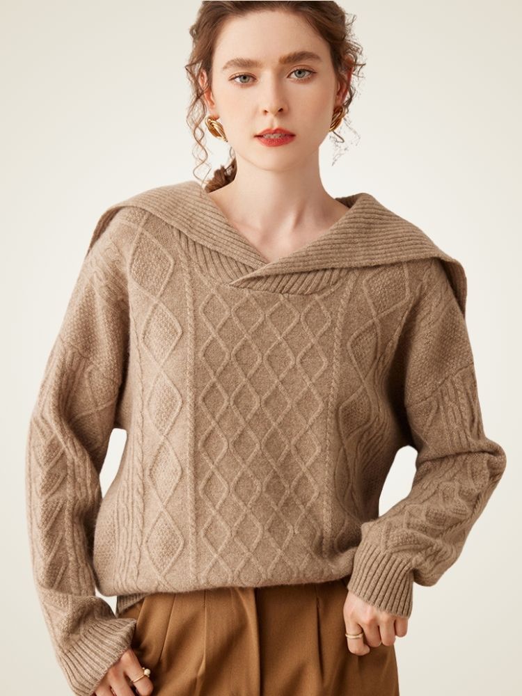 Lanly Cashmere Sailor Collar Sweater - Mongolia Cashmere Cable Knit