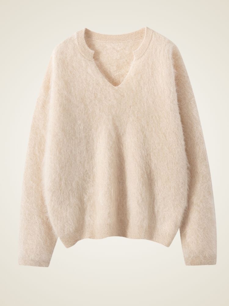 Lanly Cashmere Shaggy Notch Neck Sweater - Mongolia Brushed Knit
