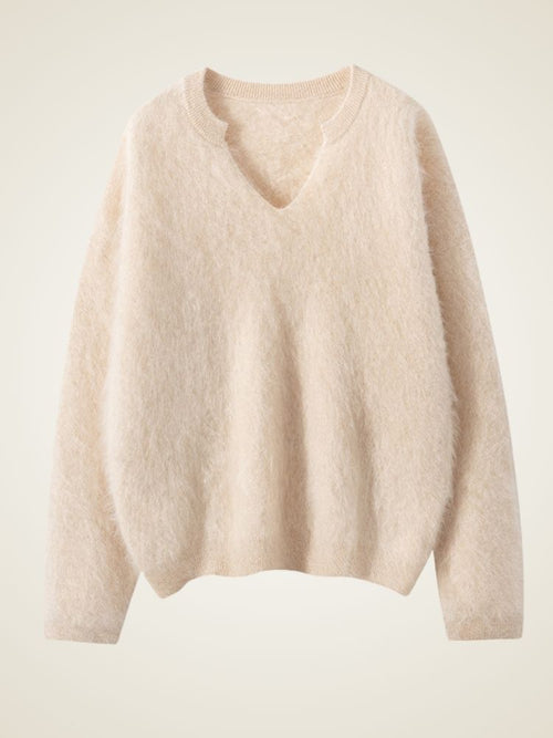 Lanly Cashmere Shaggy Notch Neck Sweater - Mongolia Brushed Knit