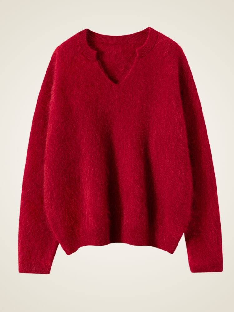 Lanly Cashmere Shaggy Notch Neck Sweater - Mongolia Brushed Knit