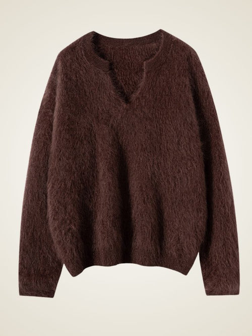 Lanly Cashmere Shaggy Notch Neck Sweater - Mongolia Brushed Knit