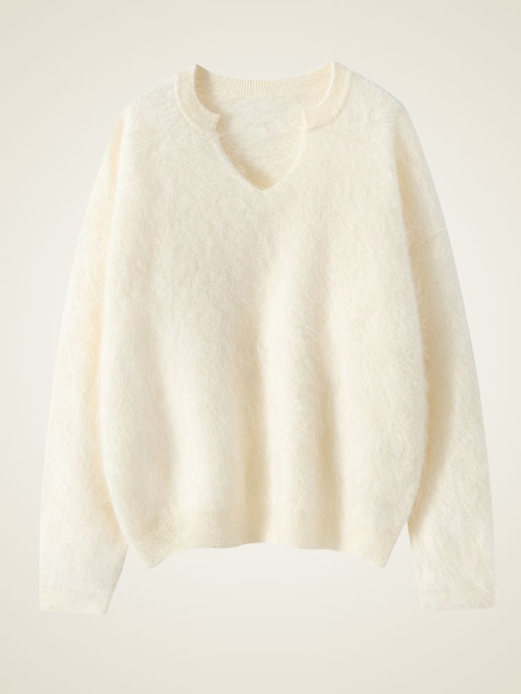 Lanly Cashmere Shaggy Notch Neck Sweater - Mongolia Brushed Knit