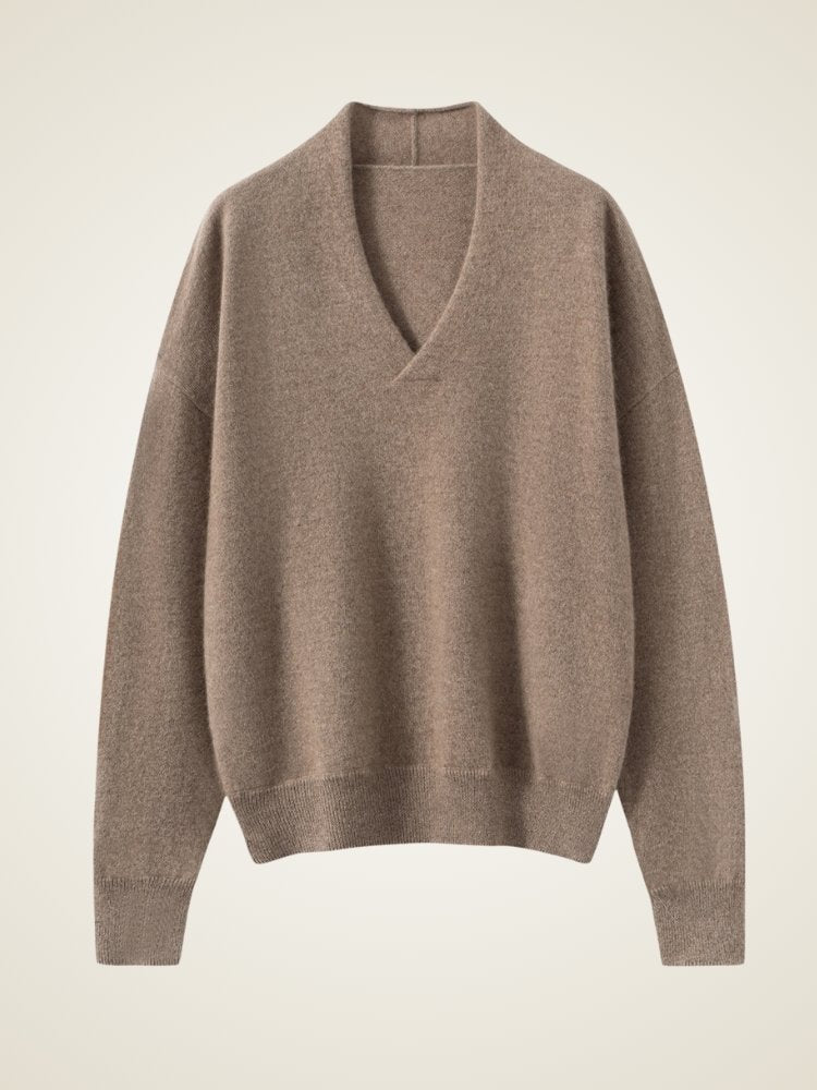Lanly Cashmere Shawl Collar Sweater - Taupe Mongolia V-Neck Pullover