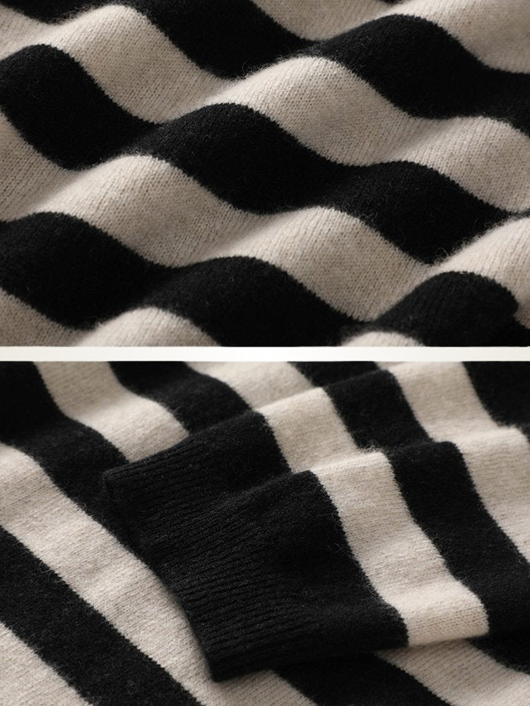 Lanly Cashmere Striped Sweater - Black & Cream Mongolia Knit Crewneck