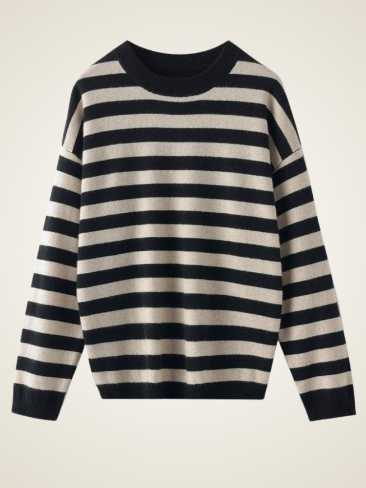 Lanly Cashmere Striped Sweater - Black & Cream Mongolia Knit Crewneck