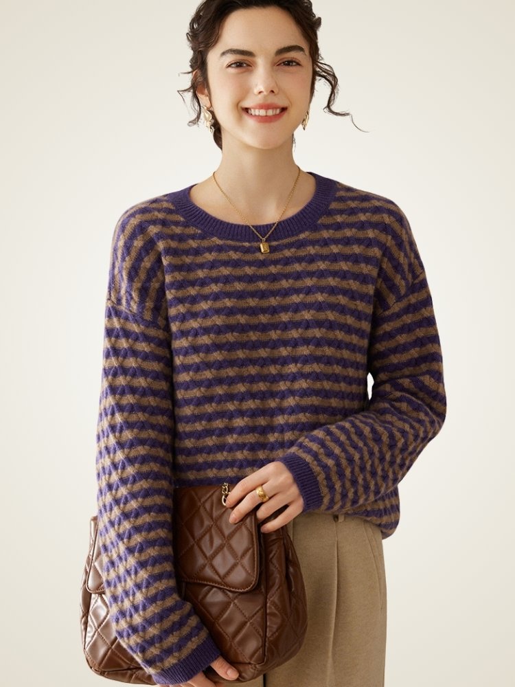 Lanly Cashmere Striped Sweater - Mongolia Argyle Crewneck
