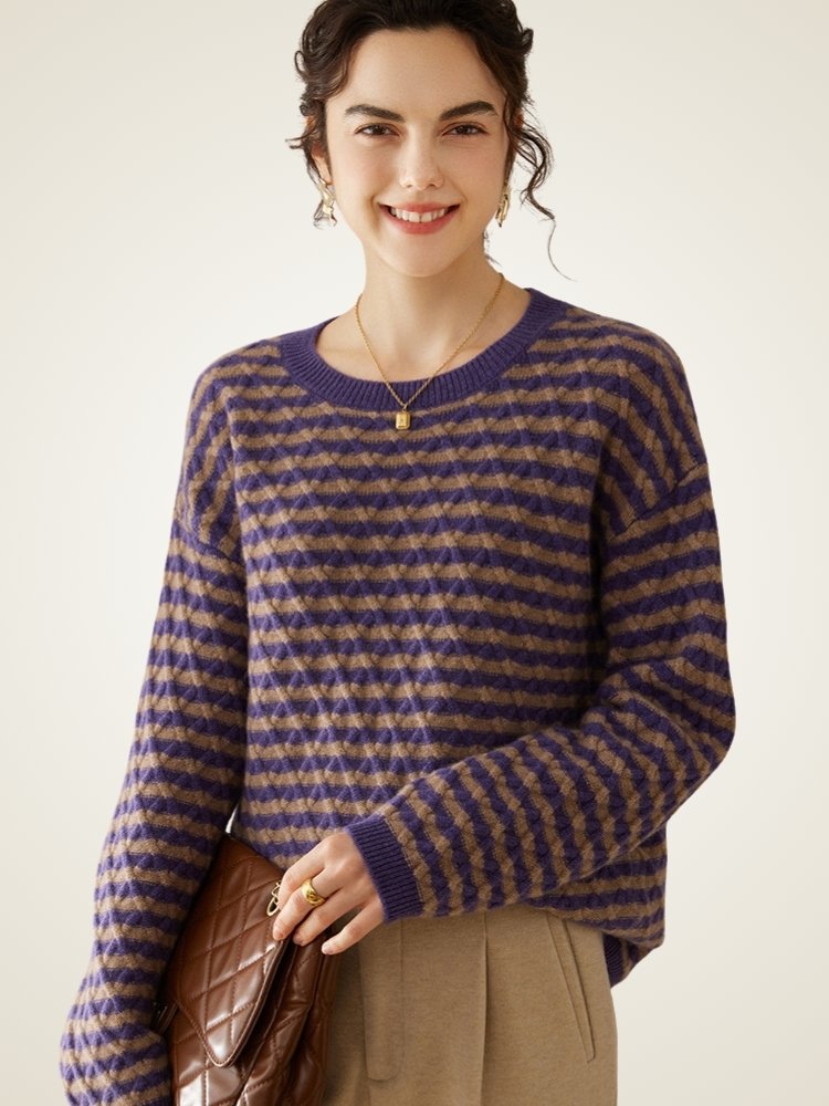 Lanly Cashmere Striped Sweater - Mongolia Argyle Crewneck