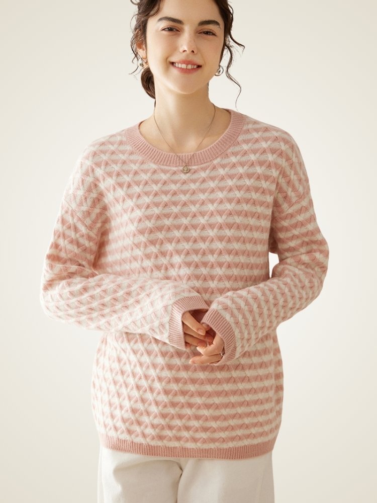 Lanly Cashmere Striped Sweater - Mongolia Argyle Crewneck