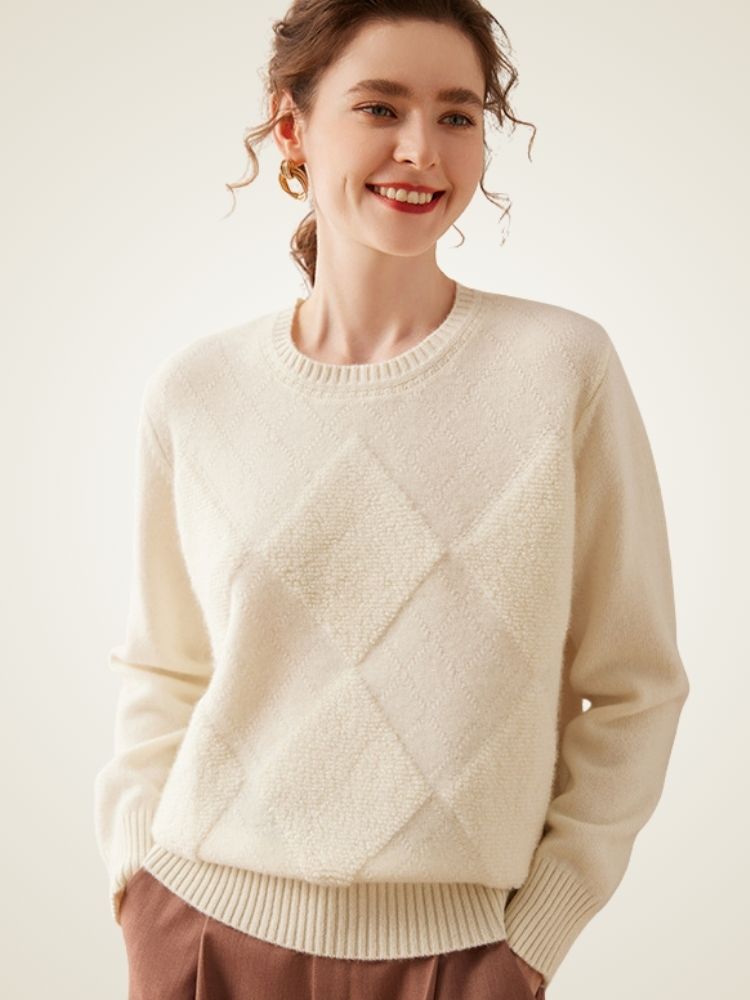 Lanly Cashmere Textured Knit Sweater - White Mongolia Cashmere Crewneck